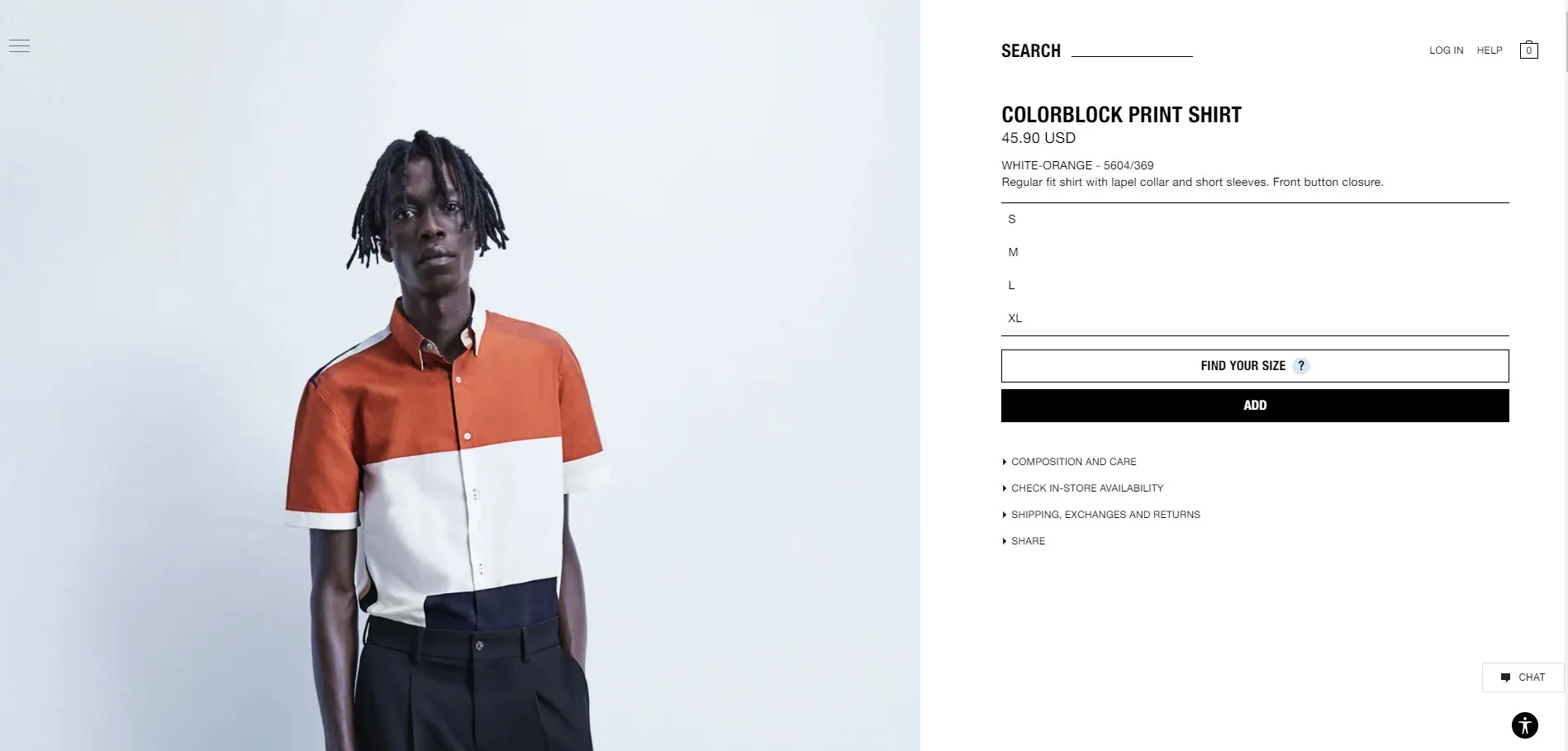 Screenshot of Zara product page showing colorblock print shirt with size selection and purchase options